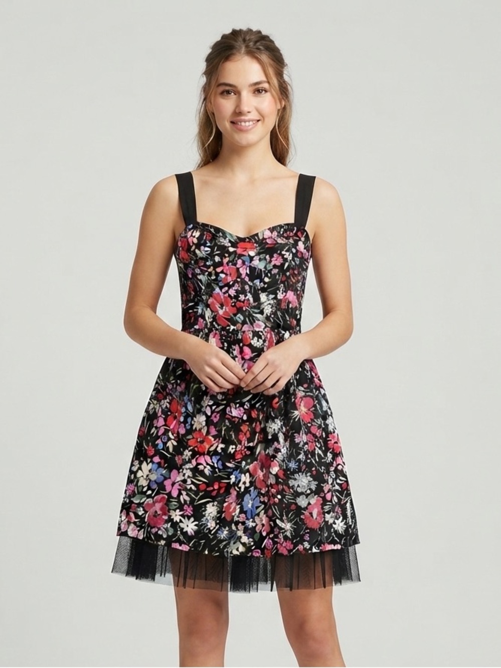Free People Floral Fit & Flare Dress Size 10 Black Combo Cotton Tulle Trim NWT